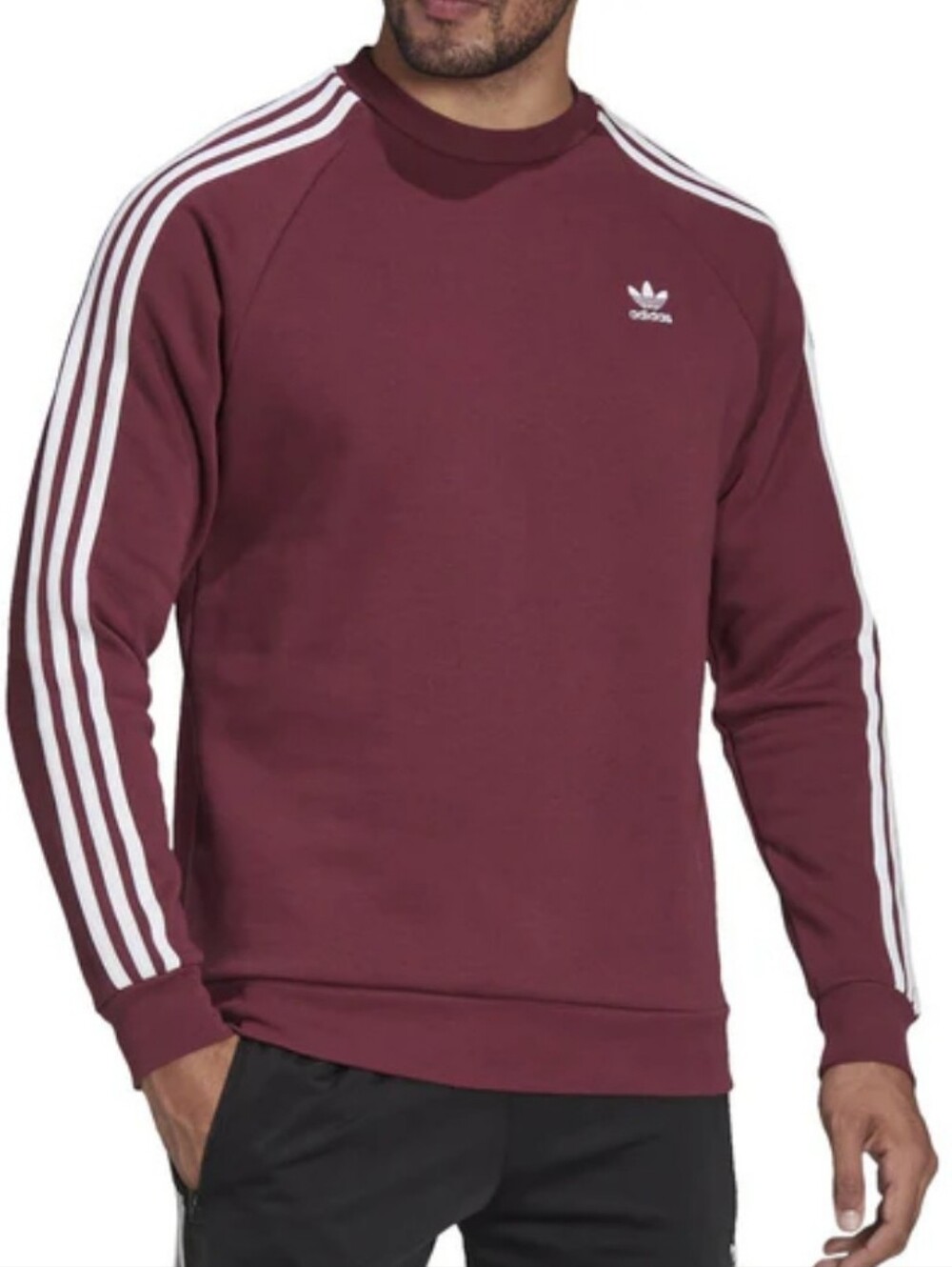 NWT Men's adidas Shadow Red Trefoil Crewneck with White Sleeve Stripes